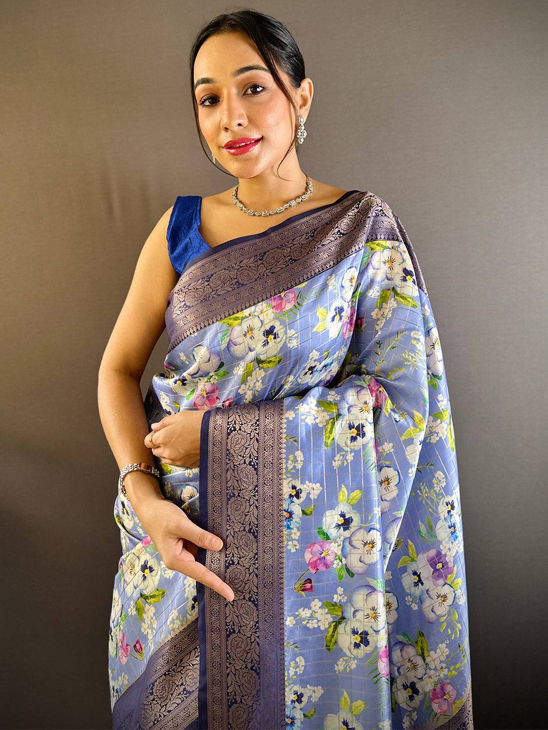 Serene Steel Blue Floral Elegance Saree