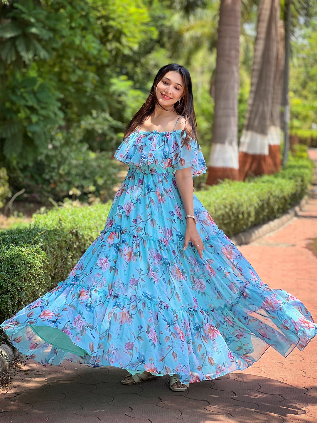 Tropical Breeze Blue Floral Maxi Dress