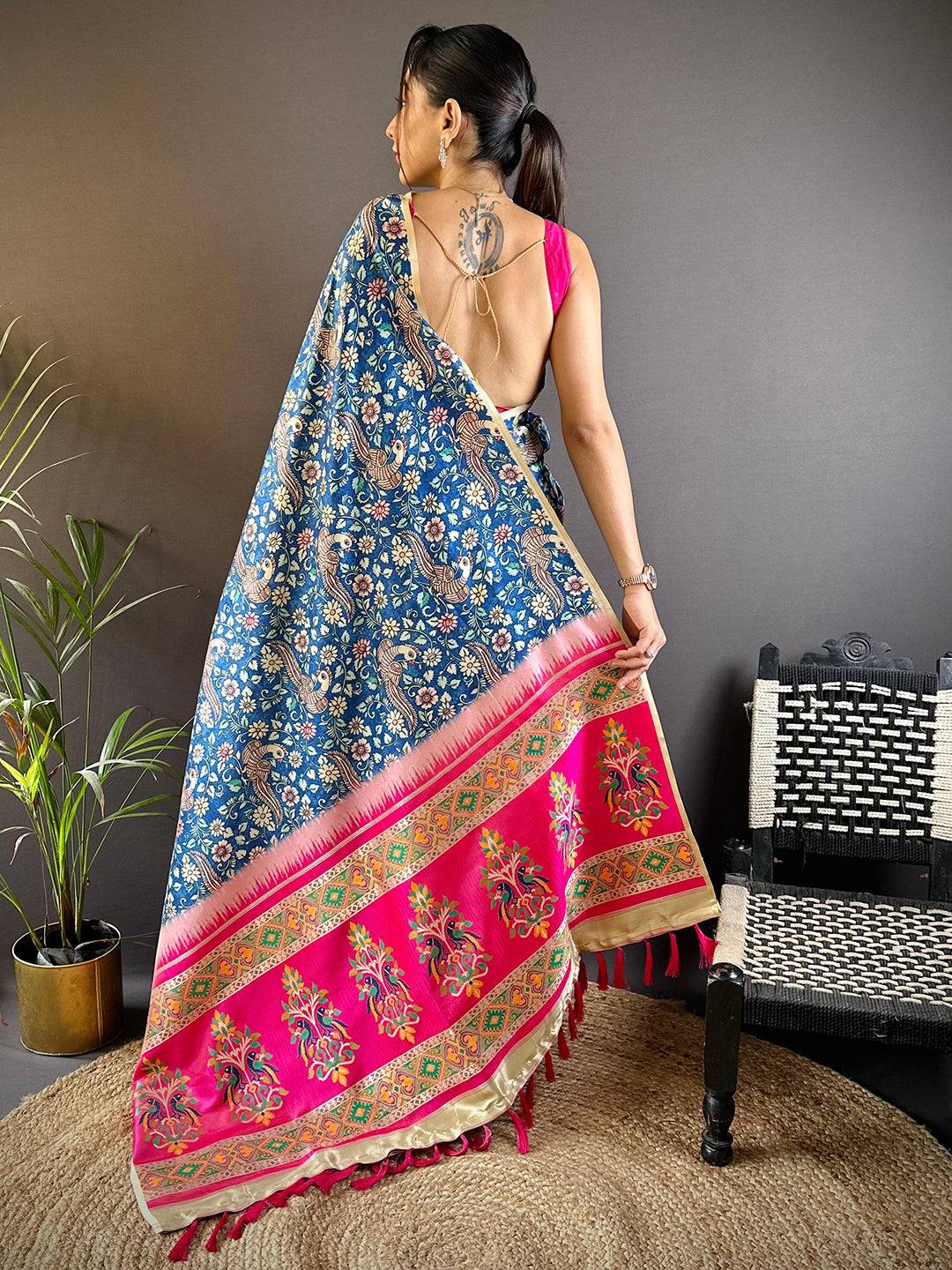 Steel Blue Kalamkari Floral Print Gamthi Saree