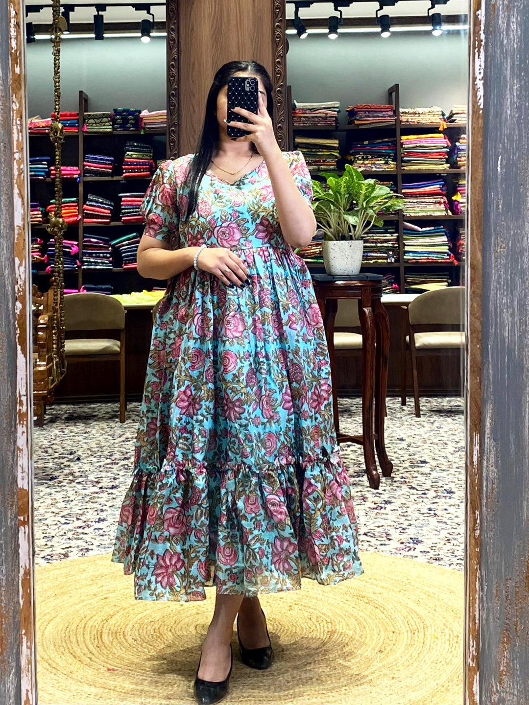 Middle Blue Floral Print Midi Dress