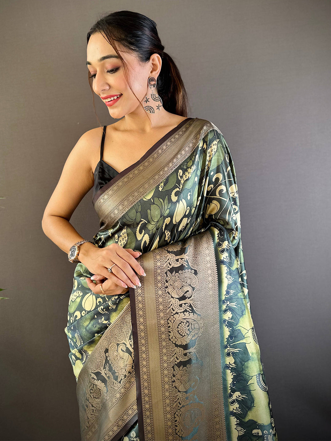 Bottle Green Soft Silk Kalamkari Saree