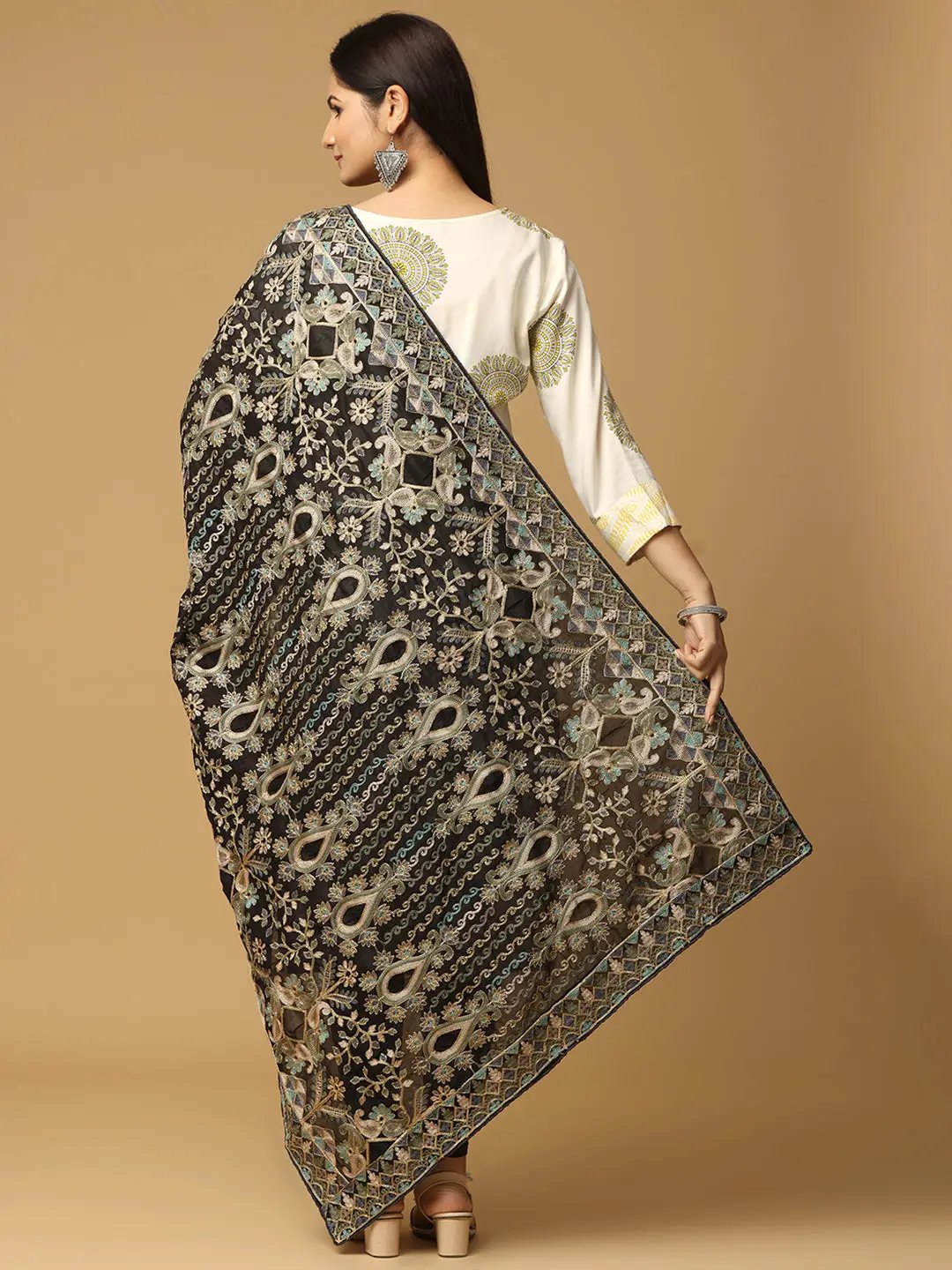 Back view of black chiffon dupatta with detailed embroidery.