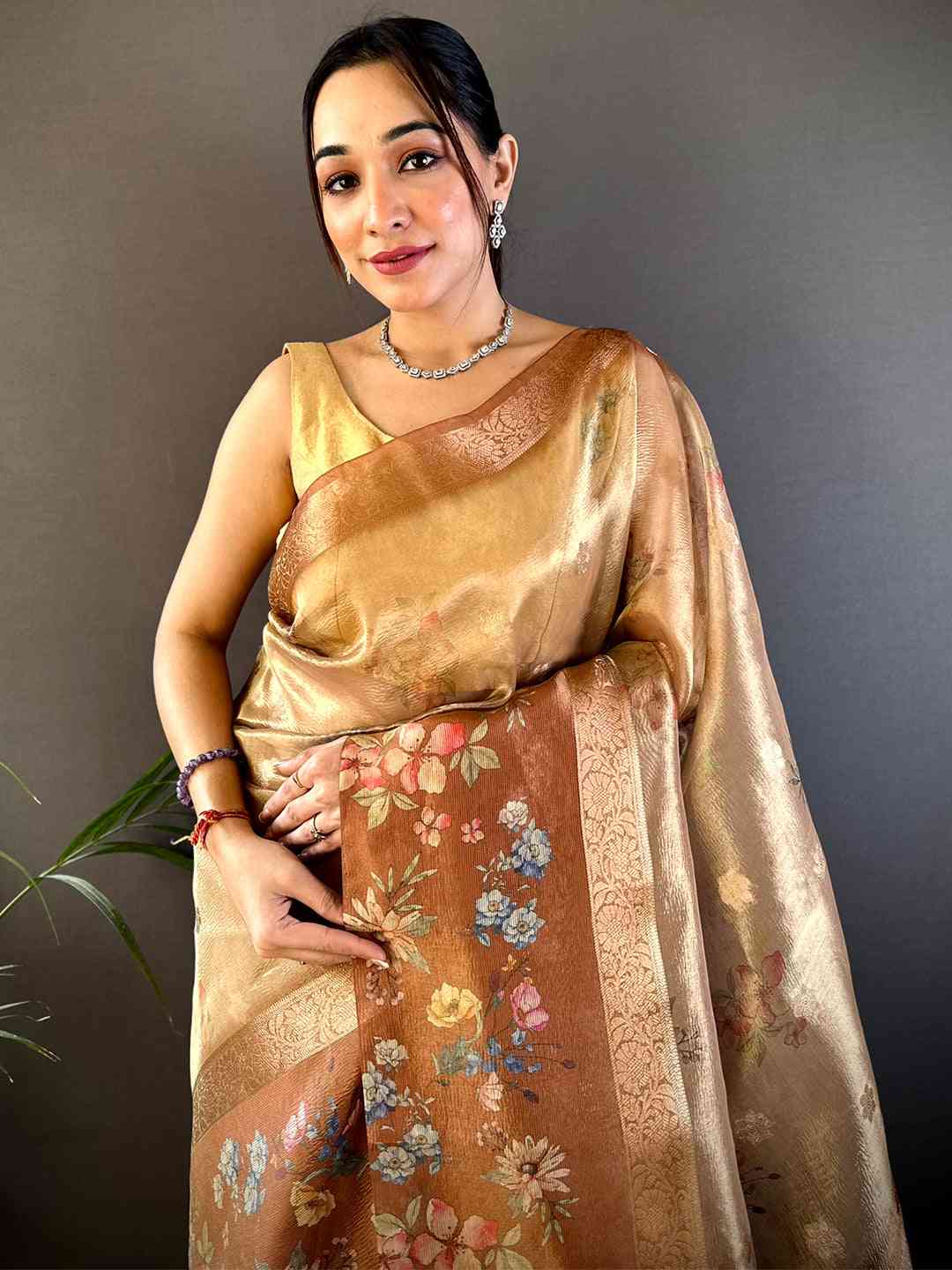 Mustard Tissue Digital Floral Saree