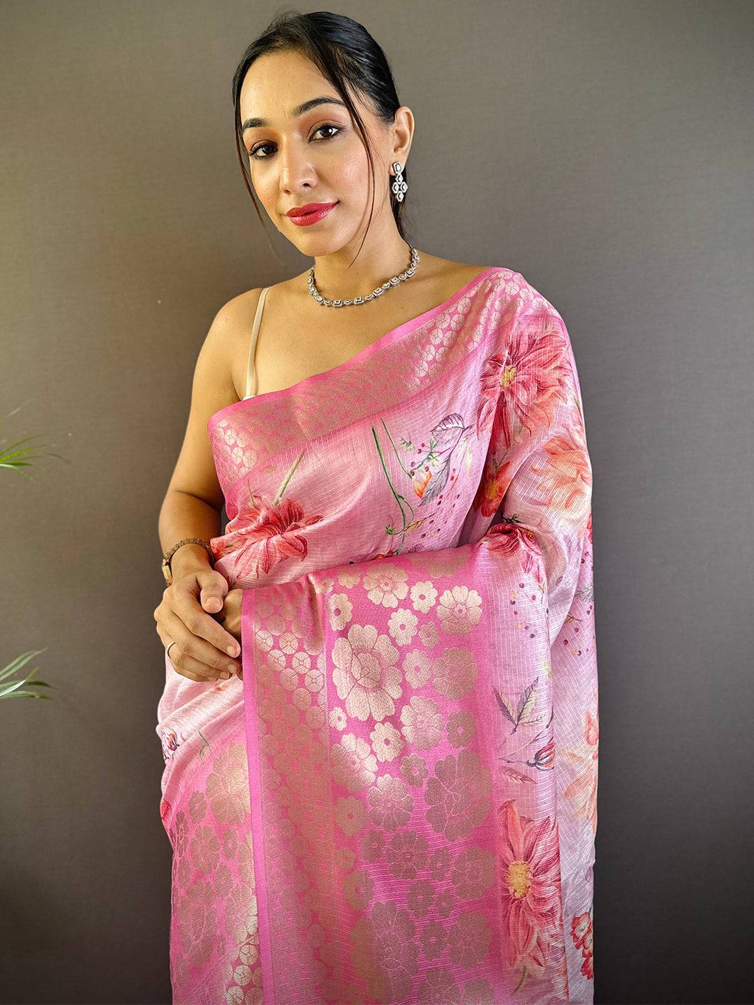 Dahlia Pink Kota Doriya Zari Floral Kanchi Border Saree