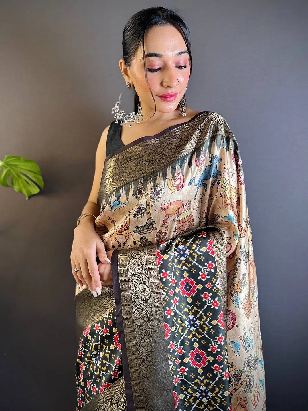 Beige Ikkat Kalamkari Saree