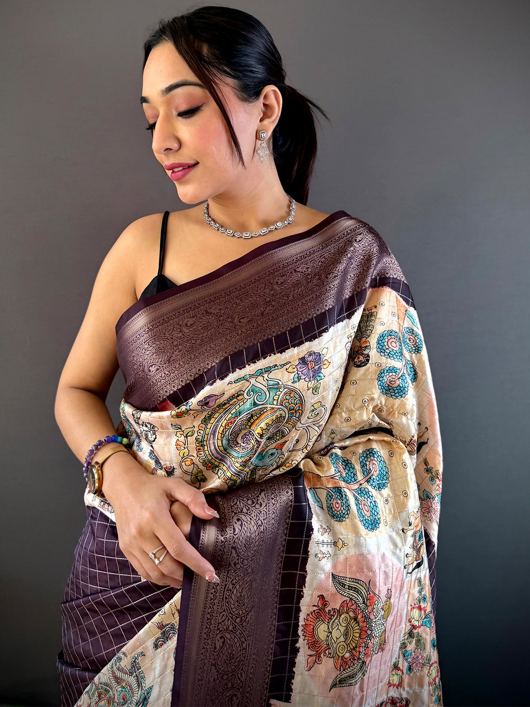 Artisanal Brown Silk Blend Kalamkari Saree