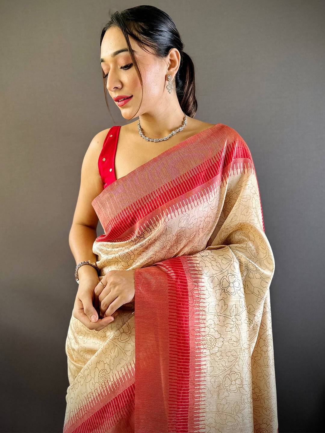 Beige Floral Tussar Silk Saree