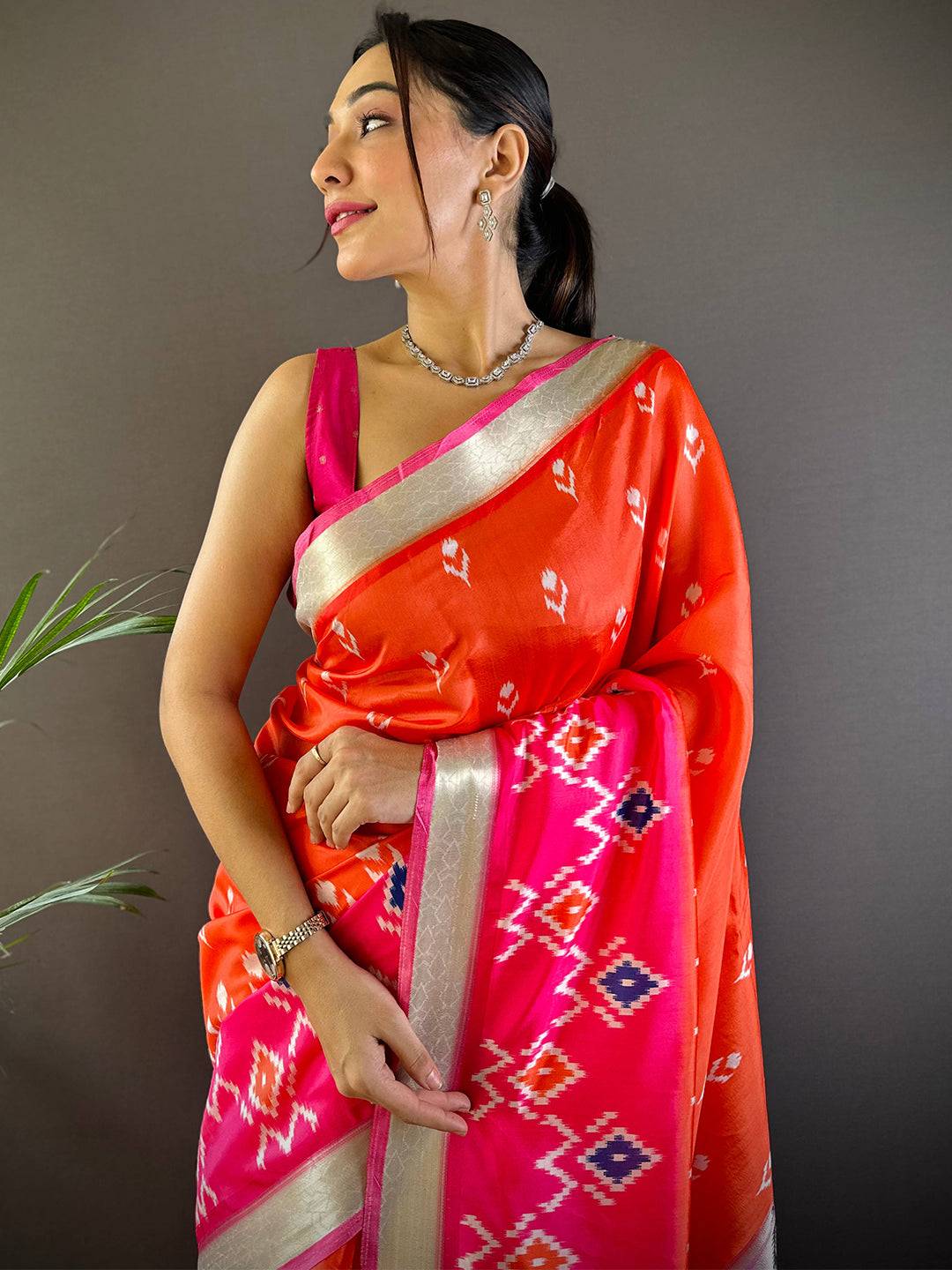 Orange Ikkat Paithani Soft Silk Saree