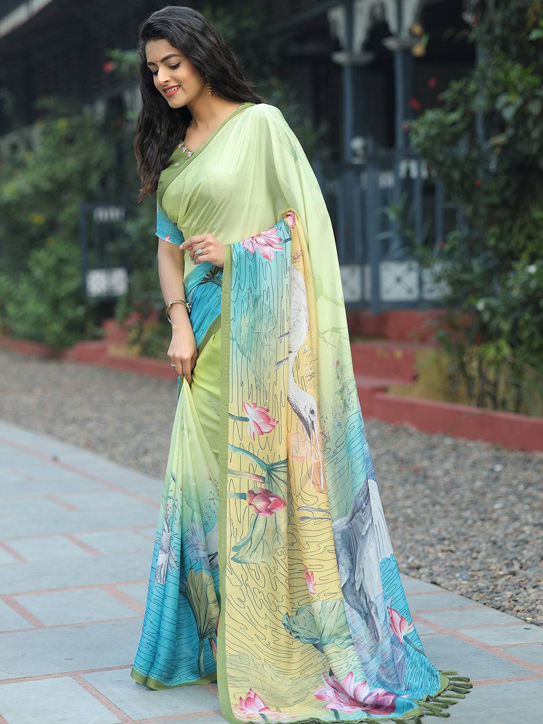 Beautiful Satin Georgette Pista Colour Hand Print Saree