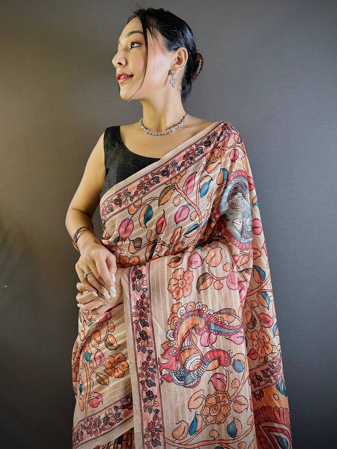 Crayola Peach Kalamkari Saree