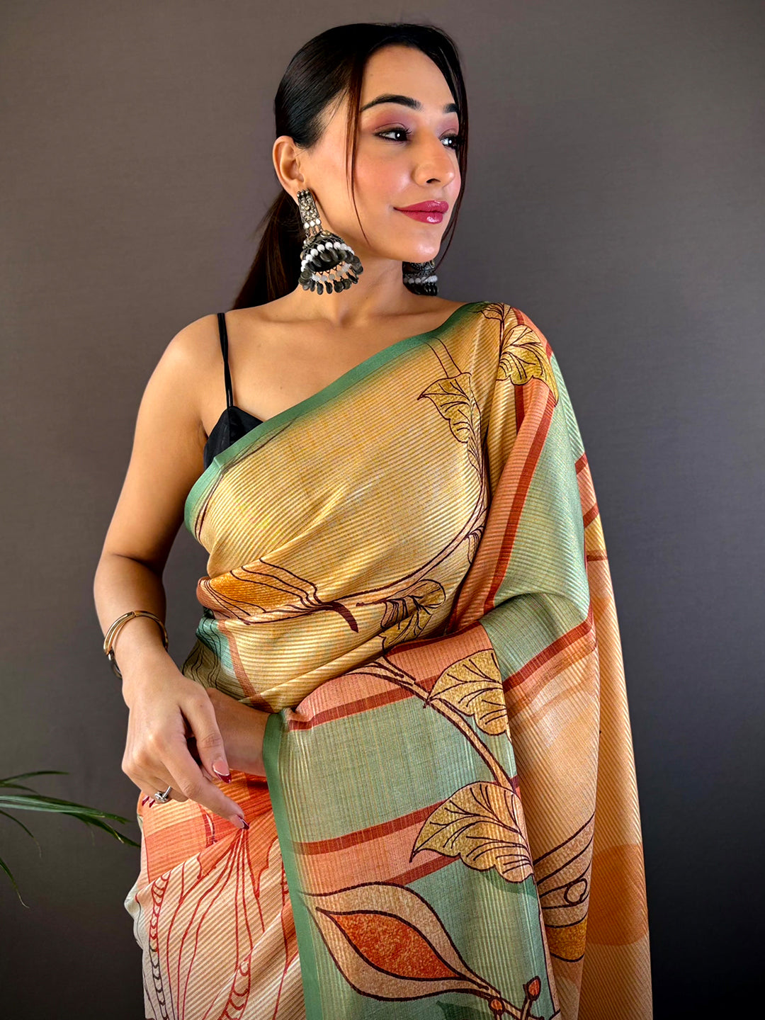 Jade Green Zari Tussar Printed Saree with floral design