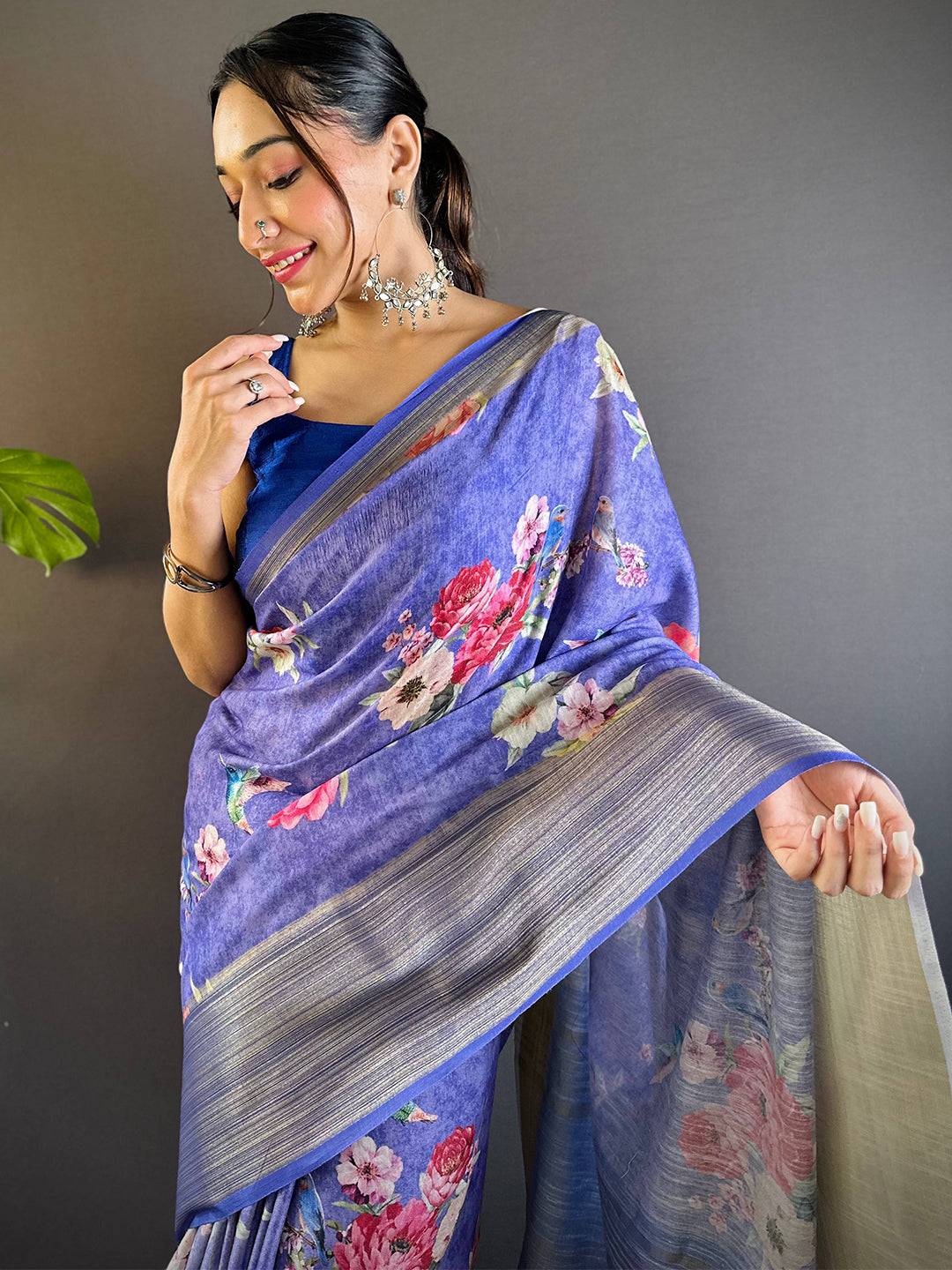 Purple Bloom Linen Saree