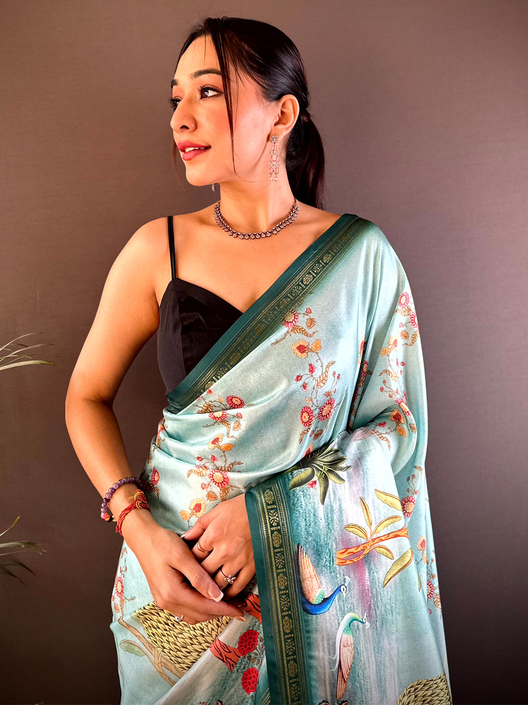 Sky Blue Jungle Printed Silk Saree