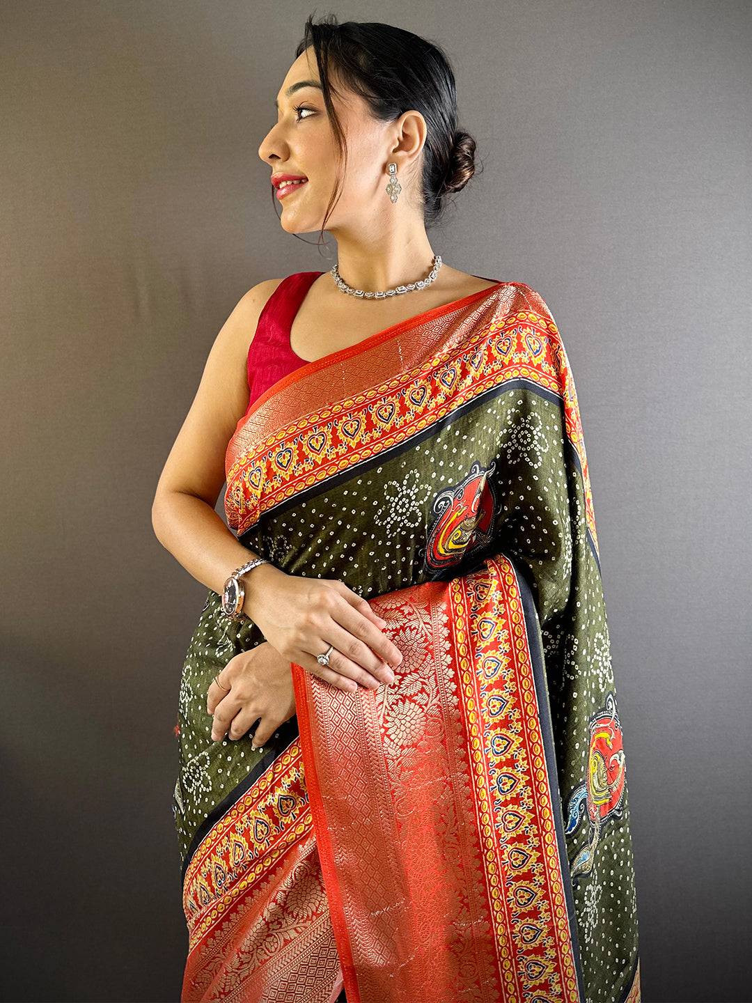 Olive Bloom Dola Silk Bandhej Saree