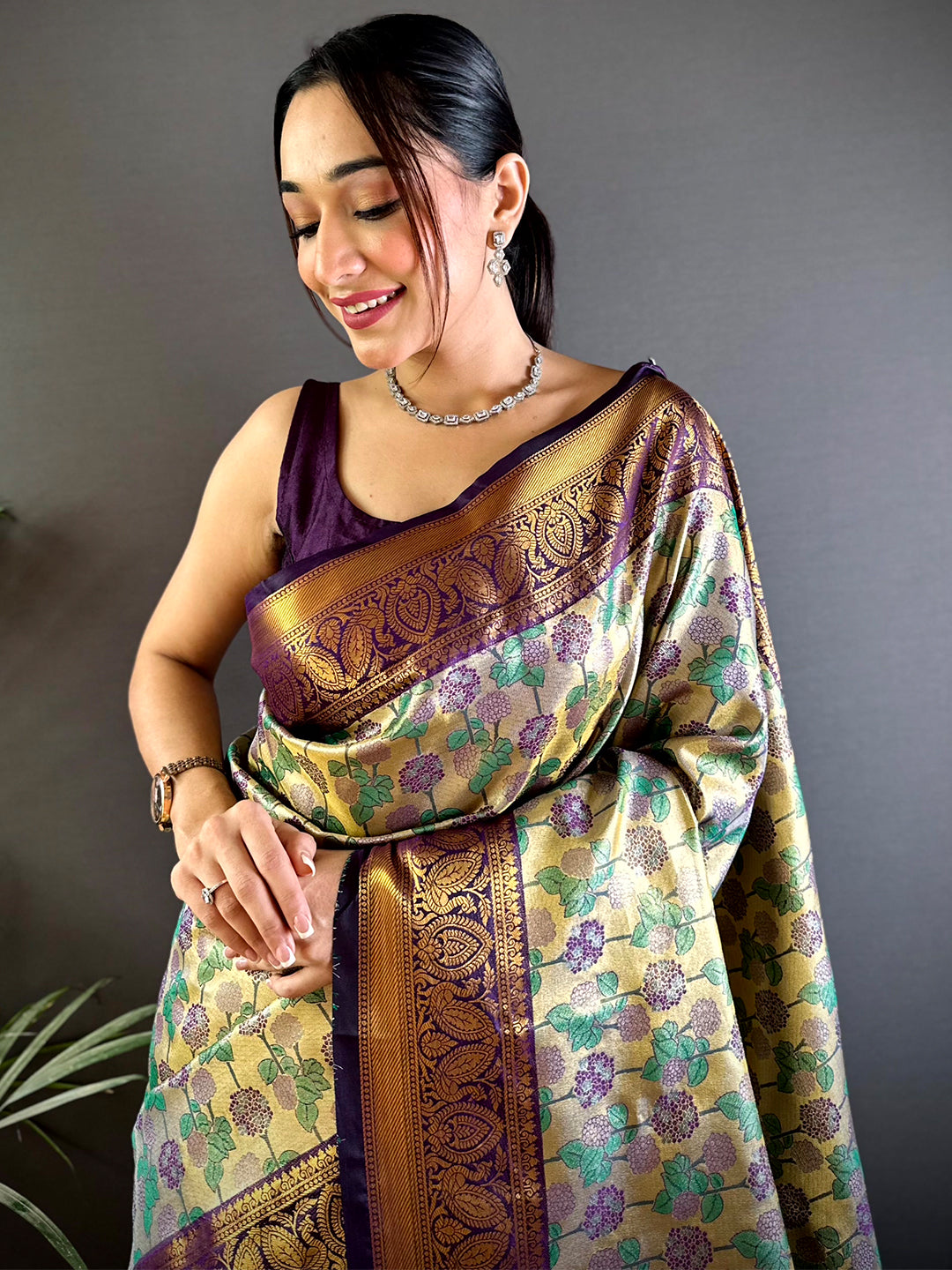 Vibrant Purple Floral Dharmavaram Silk Saree