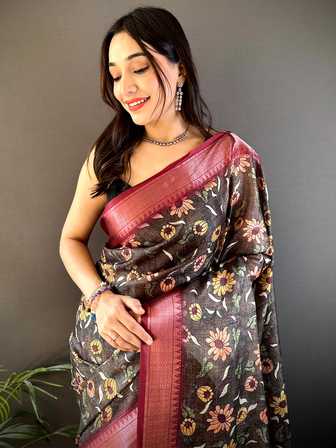 Black Kota Doriya Floral Kalamkari Print Saree