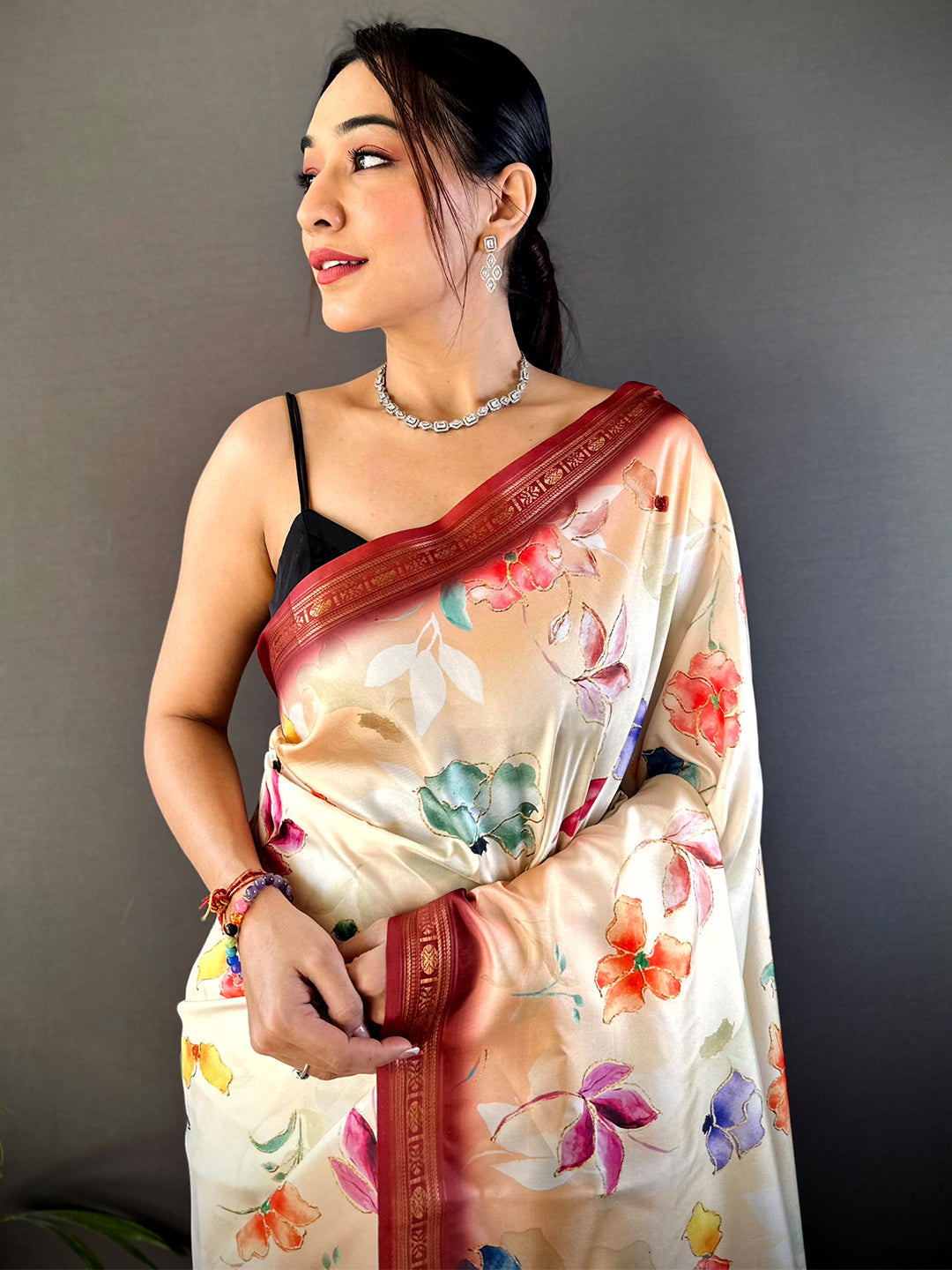 Peach Floral Digital Print Silk Saree