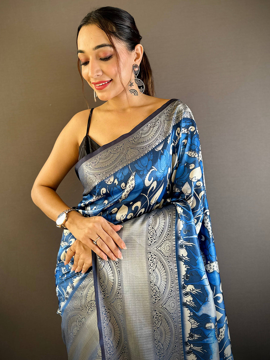 Blue Orchid Soft Silk Kalamkari Saree