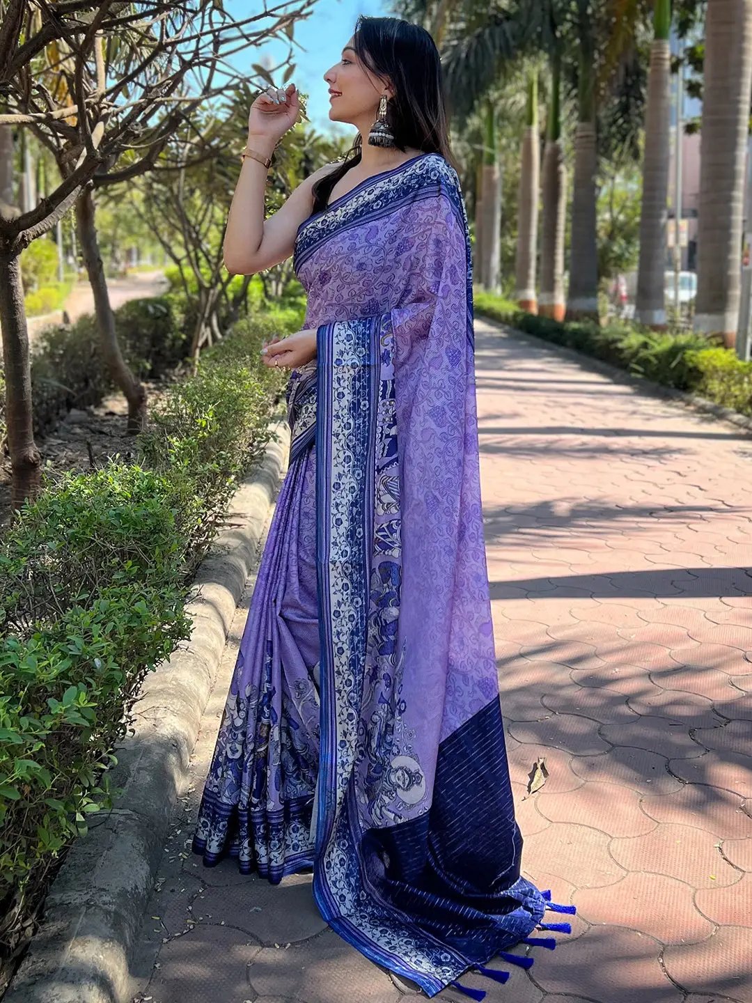 Elegant Kalamkari Print Satin Kota Doria Saree in Purple