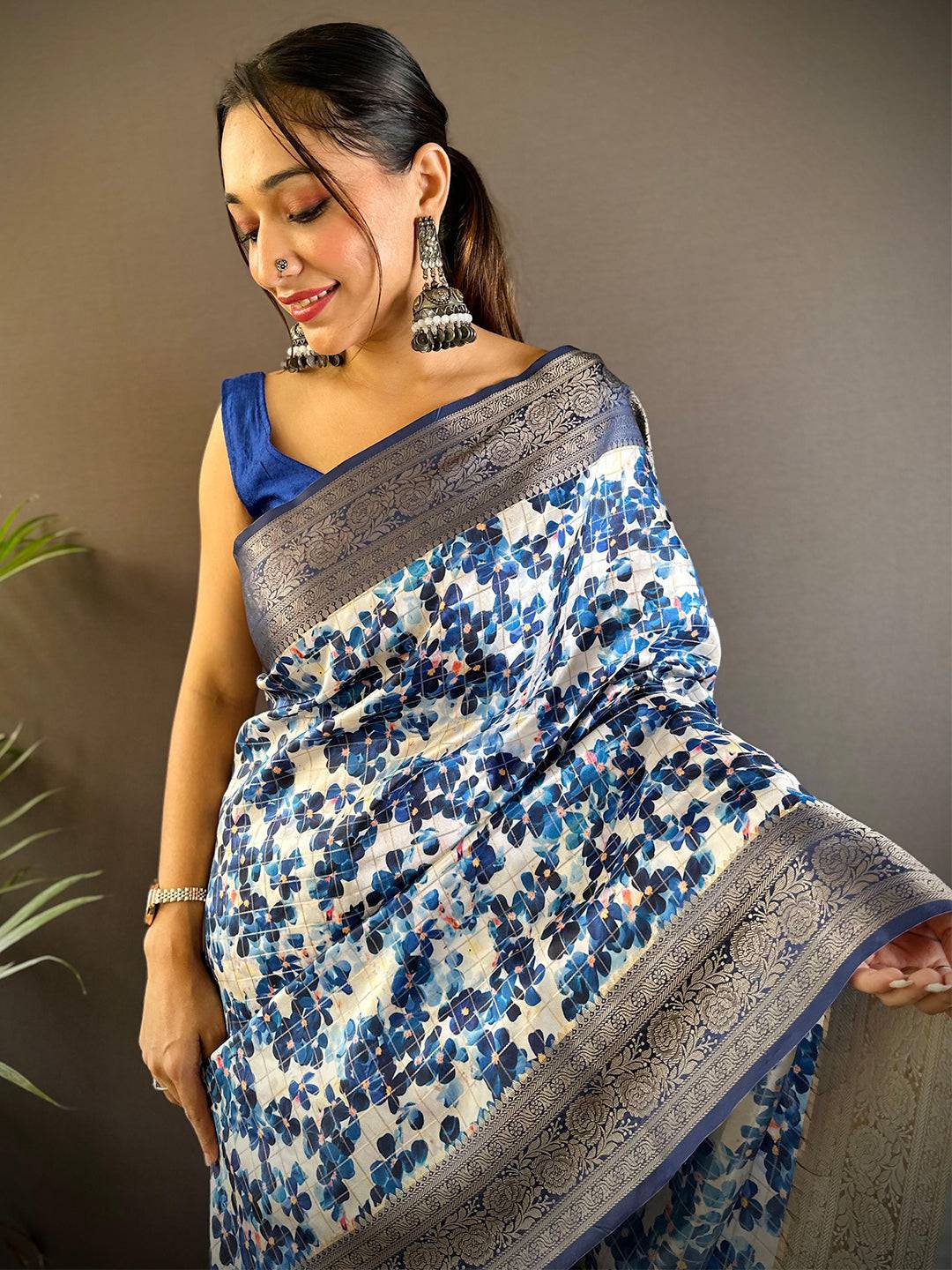 Midnight Bloom Blue Floral Saree