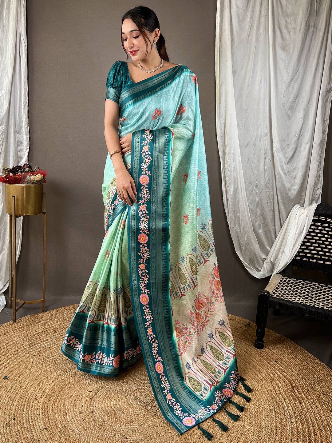 Poppy Blue Kota Satin Border Saree