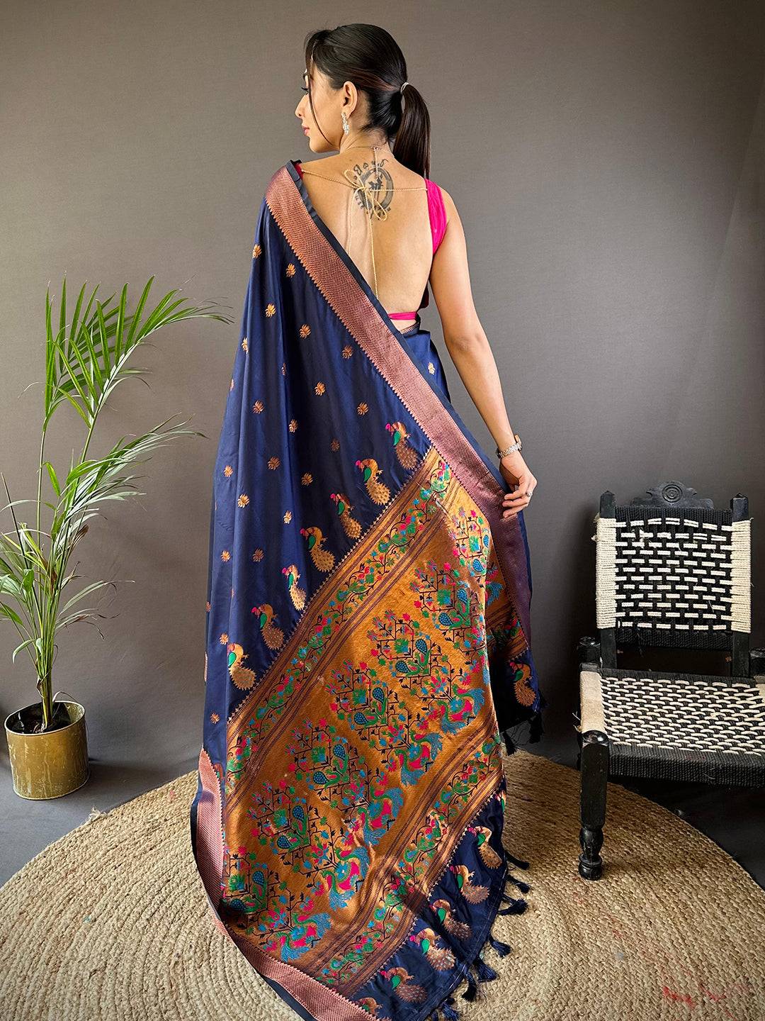 Copper Allure Soft Silk Navy Blue Saree