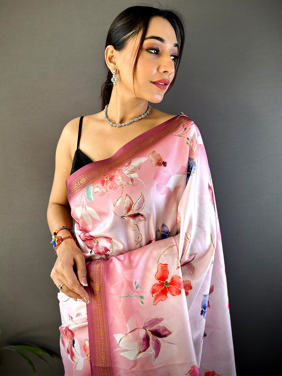 Blush Pink Floral Digital Print Silk Saree