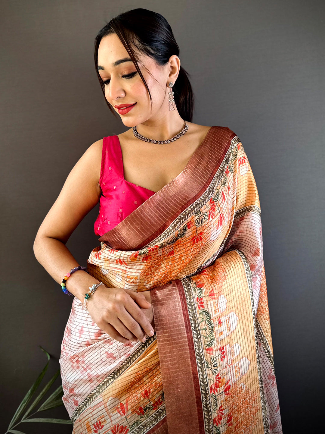 Graceful Beige Soft Silk Chex Saree