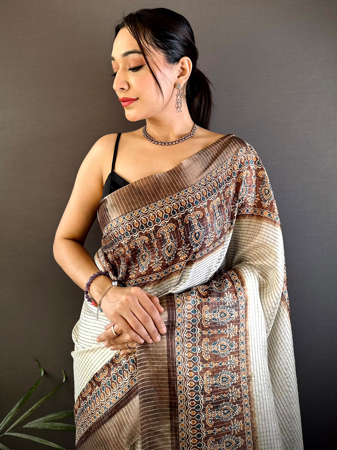 Brown Soft Silk Floral Digital Saree