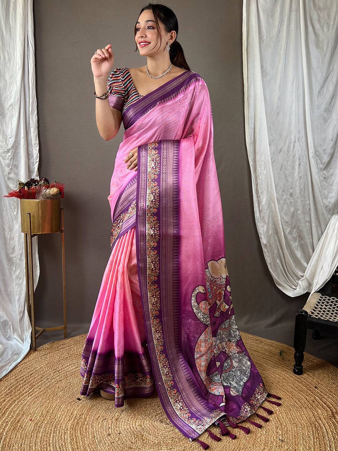 Dahlia Pink Kota Satin Border Saree