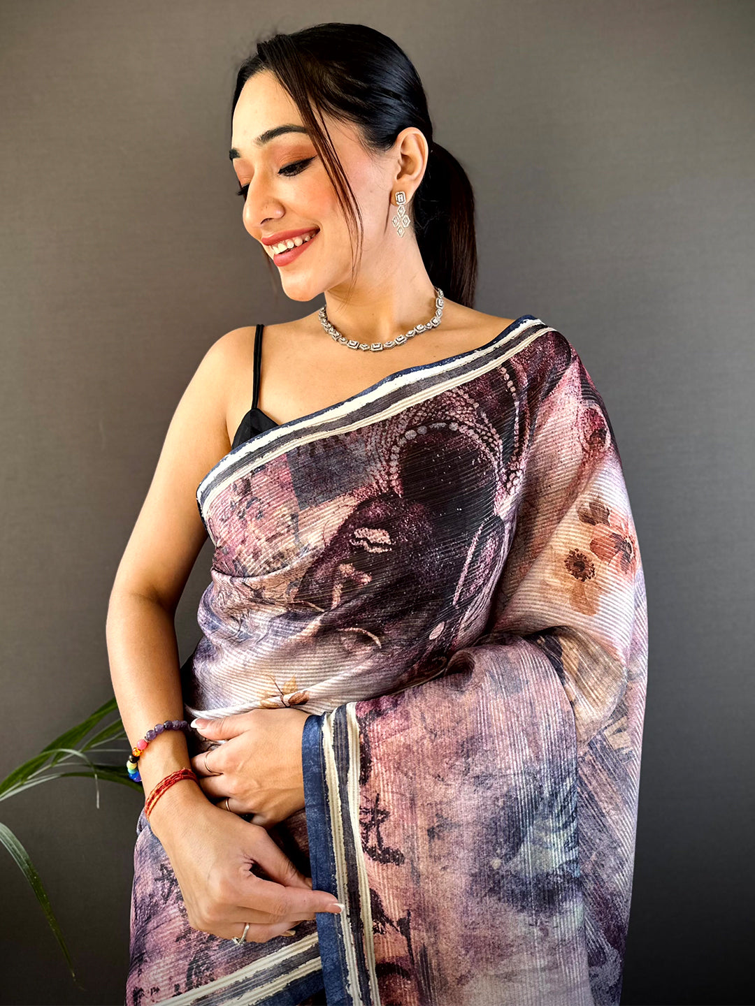 Lavender Gold Zari Tussar Batik Print Saree