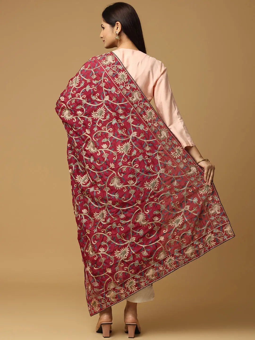 Back view of wine poly chiffon pashmina dupatta with embroidery