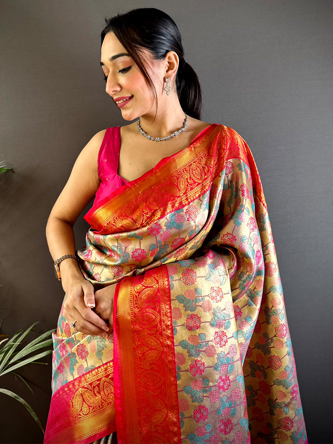 Royal Rani Pink Floral Dharmavaram Silk Saree