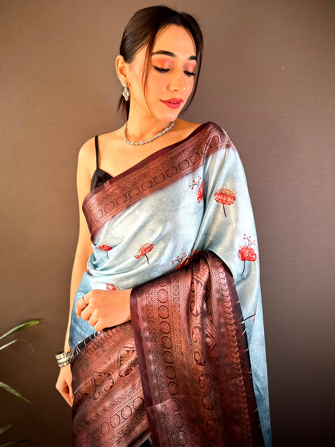 Light Blue Soft Silk Floral Ombre Print Saree