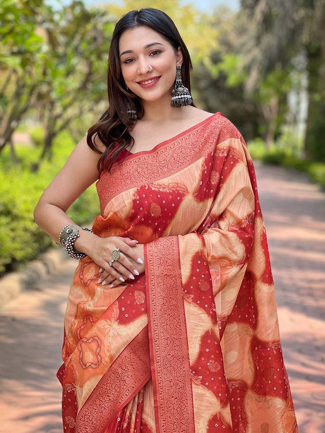 Peach digital block print Banarasi saree with intricate design