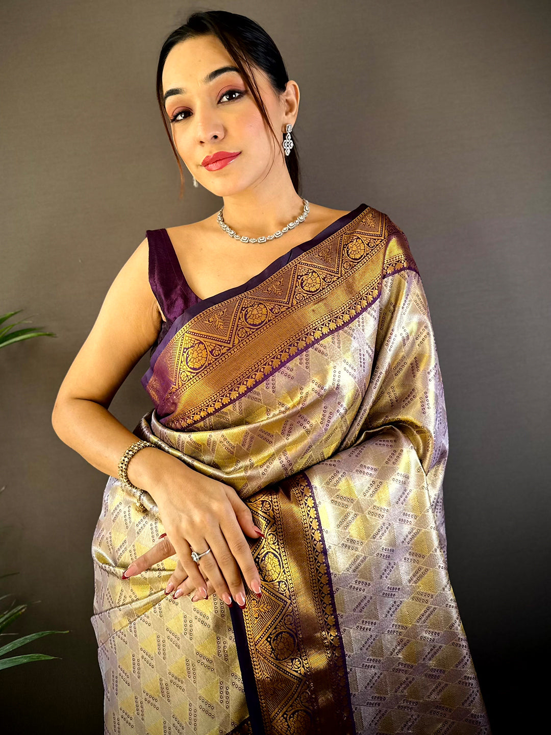 Wine Golden Geometrics With Floral Elegance Saree