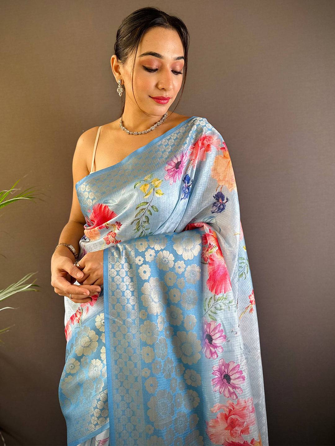 Sky Blue Kota Doriya Zari Floral Kanchi Border Saree