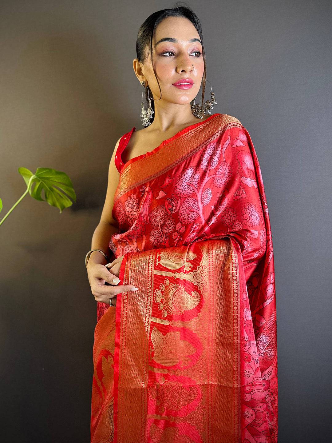 Red Charry Satin Floral Saree