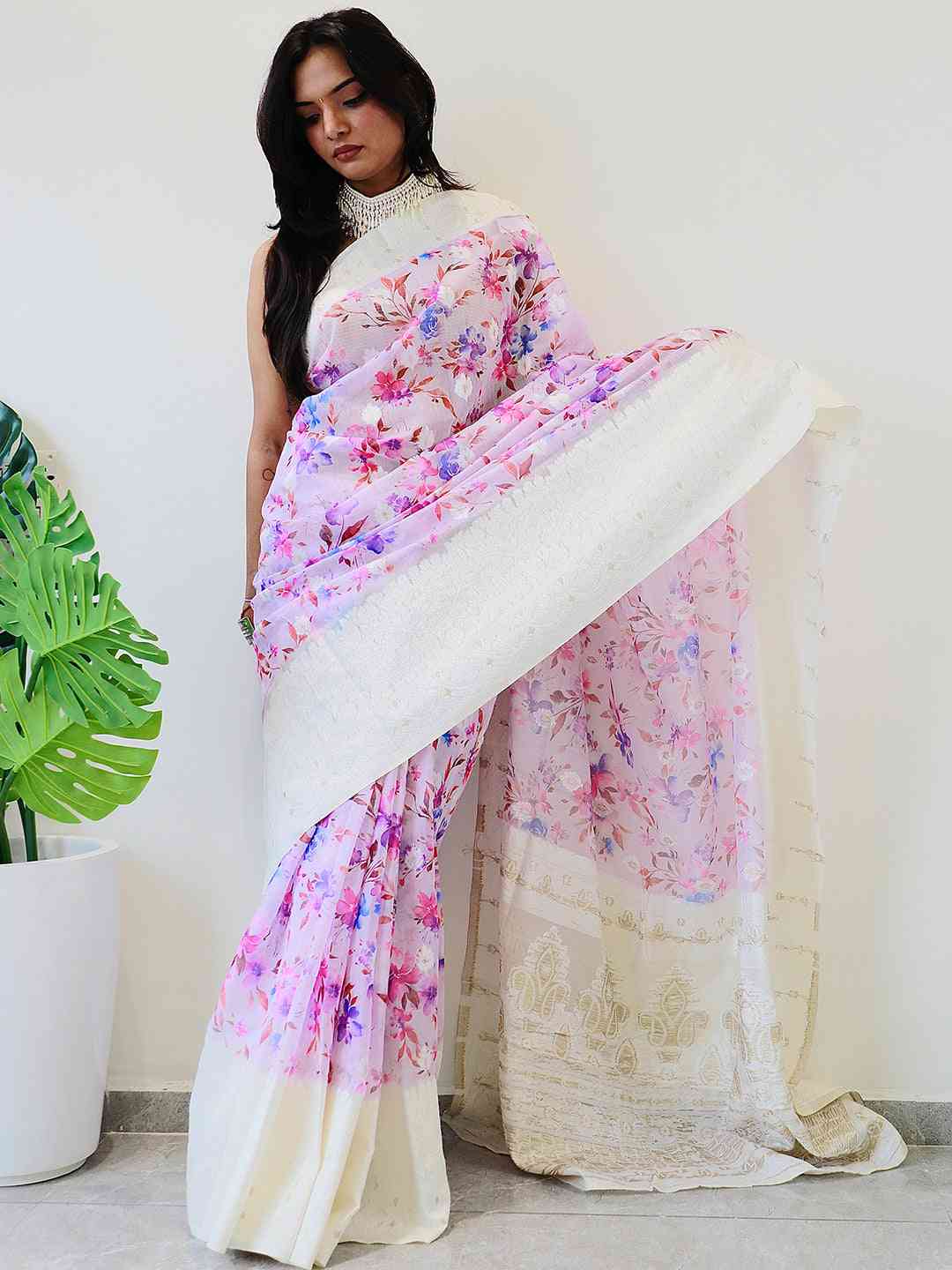 Designer Bollywood Saree in multi-color floral print