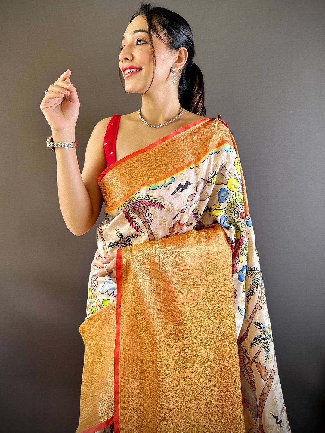 Cream Kanchi Kalamkari Elegance Saree