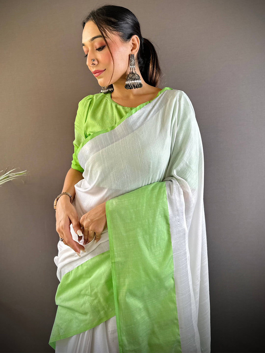 Bhagalpuri Linen Saree With Light Green Small Patti