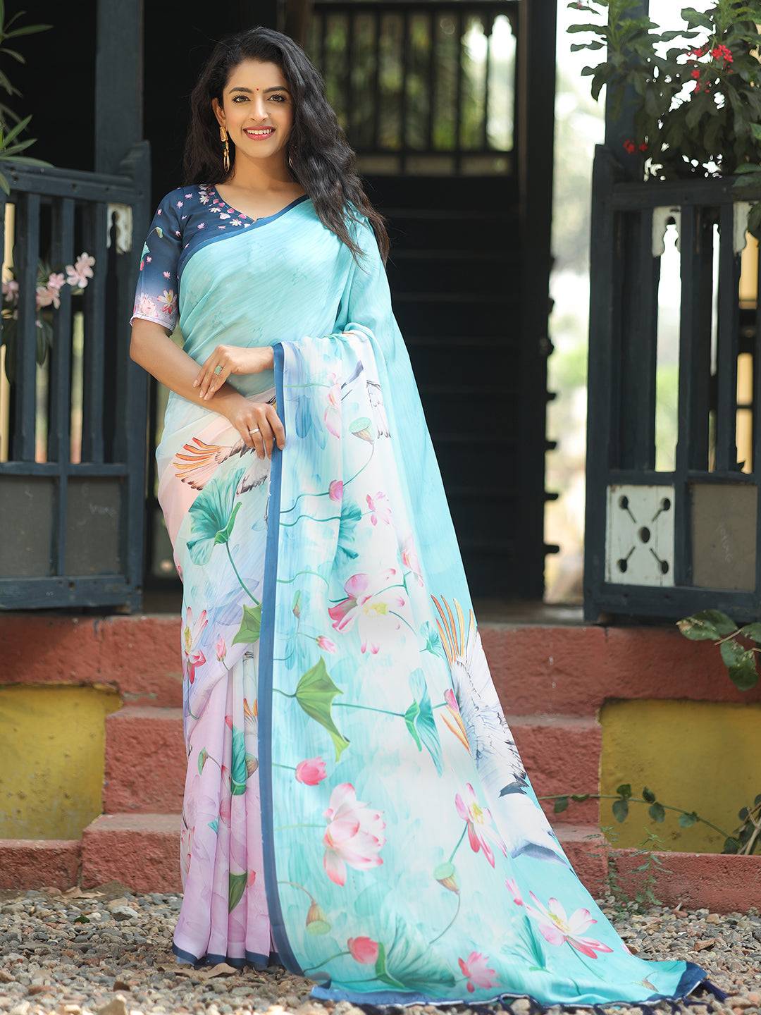 Beautiful Satin Georgette Aqua Colour Hand Print Saree