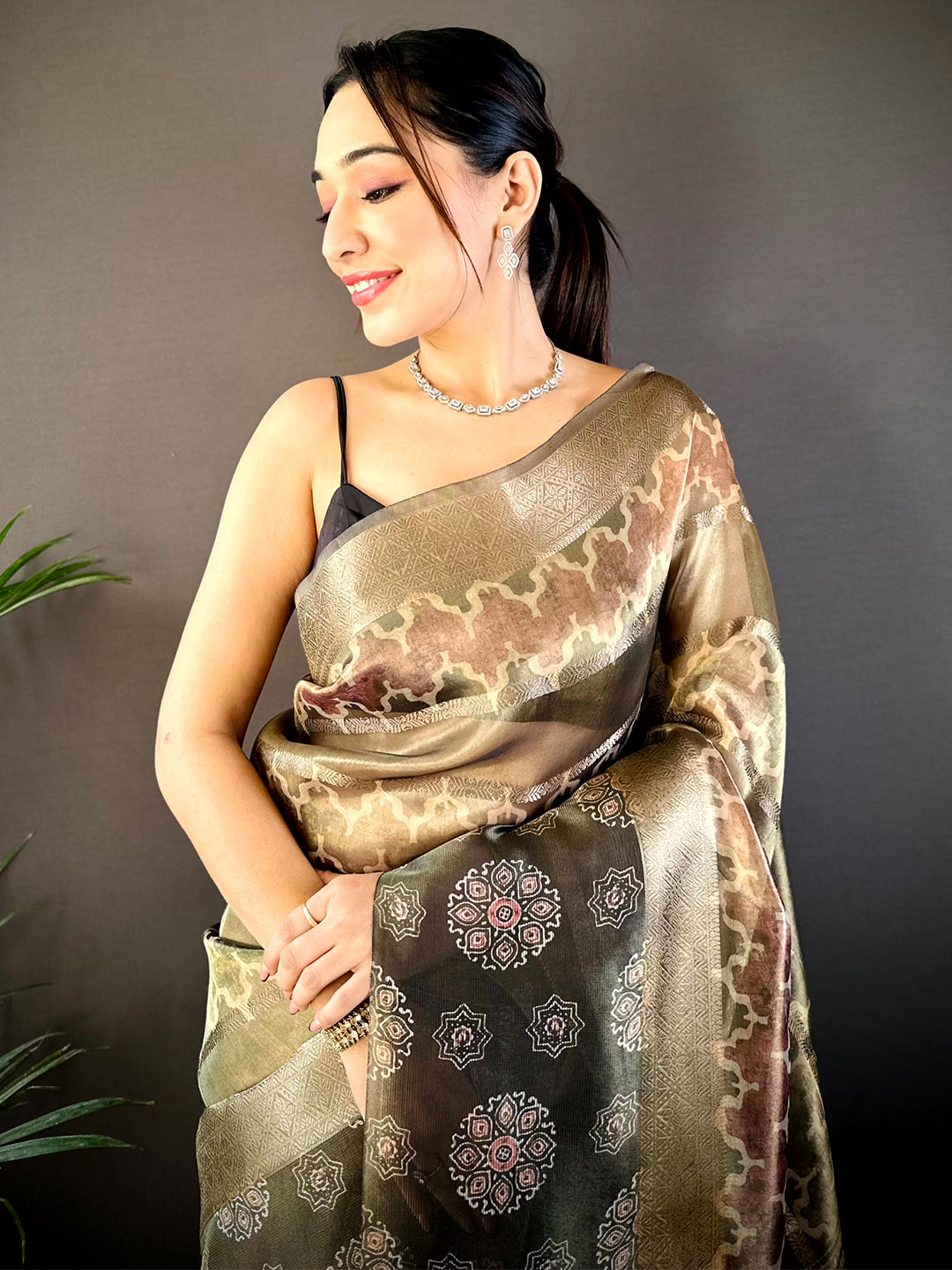 Light Brown Tissue Striped Digital Printed Saree