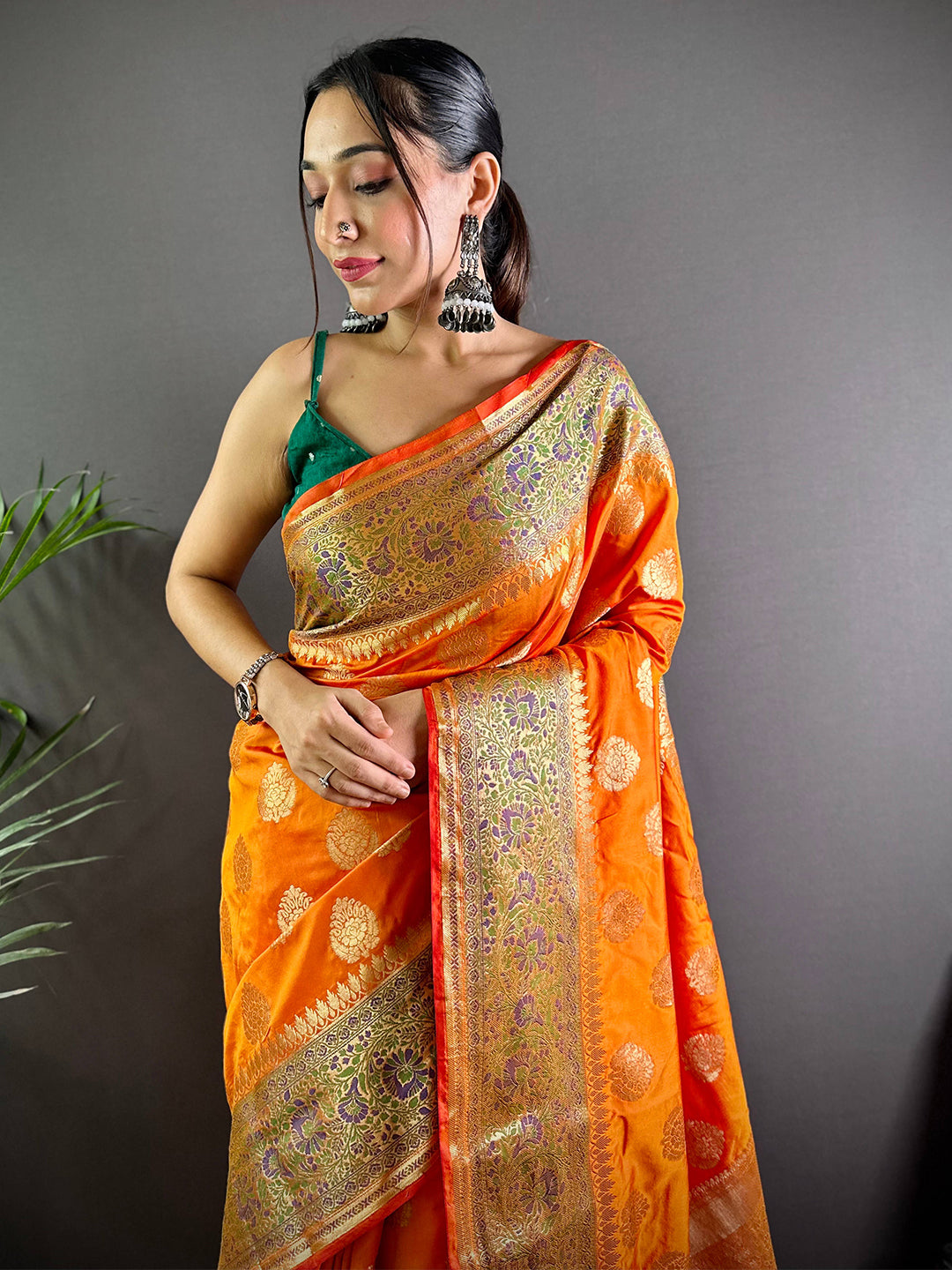 Orange Banasari Silk Saree With Zari Weaving