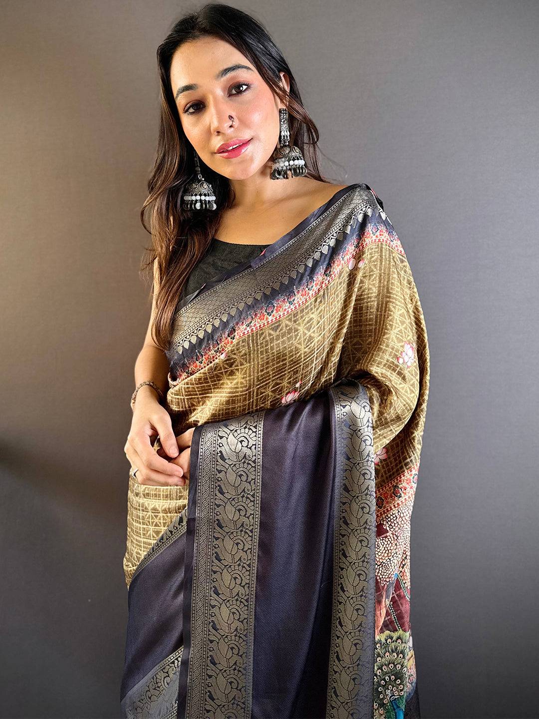 Olive Banarasi Pichwai Print Saree