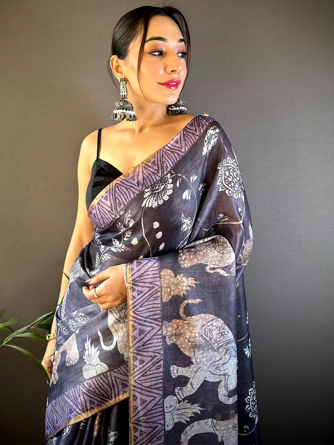 Purple Kalamkari Block Print Chanderi Saree