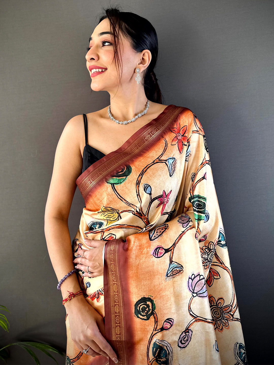 Peach Soft Silk Freehand Kalamkari Print Saree