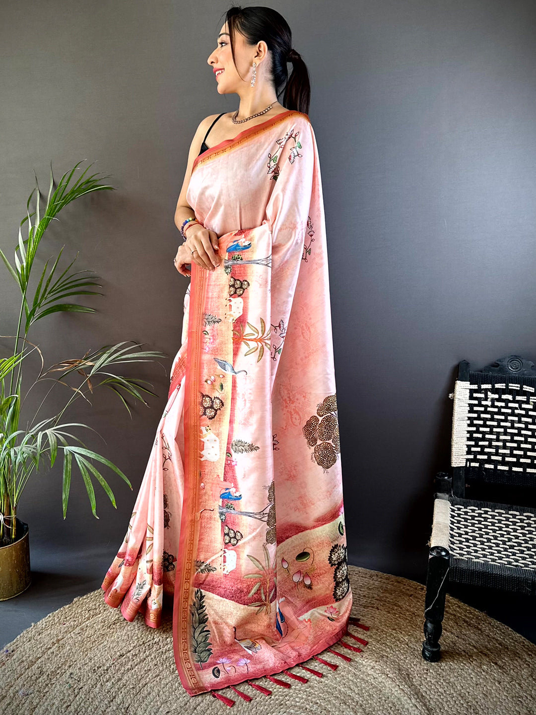 Baby Pink Jungle Printed Silk Saree