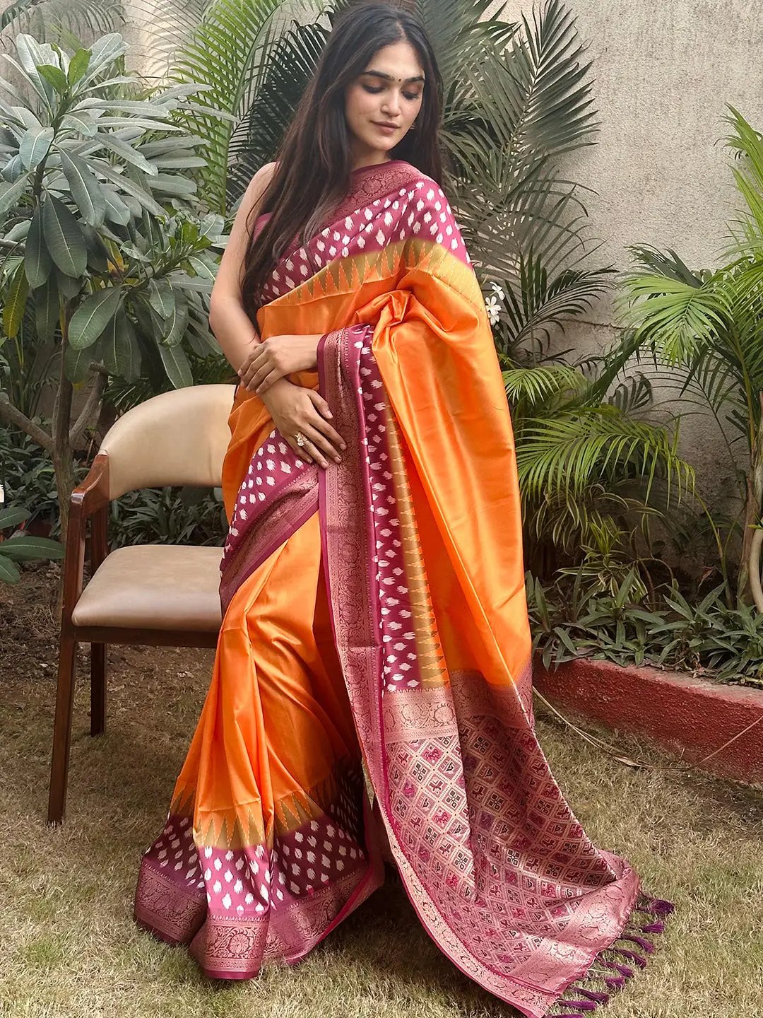 Buy Traditional Wear Orange Weaving Lichi Silk Saree Online From Surat  Wholesale Shop.