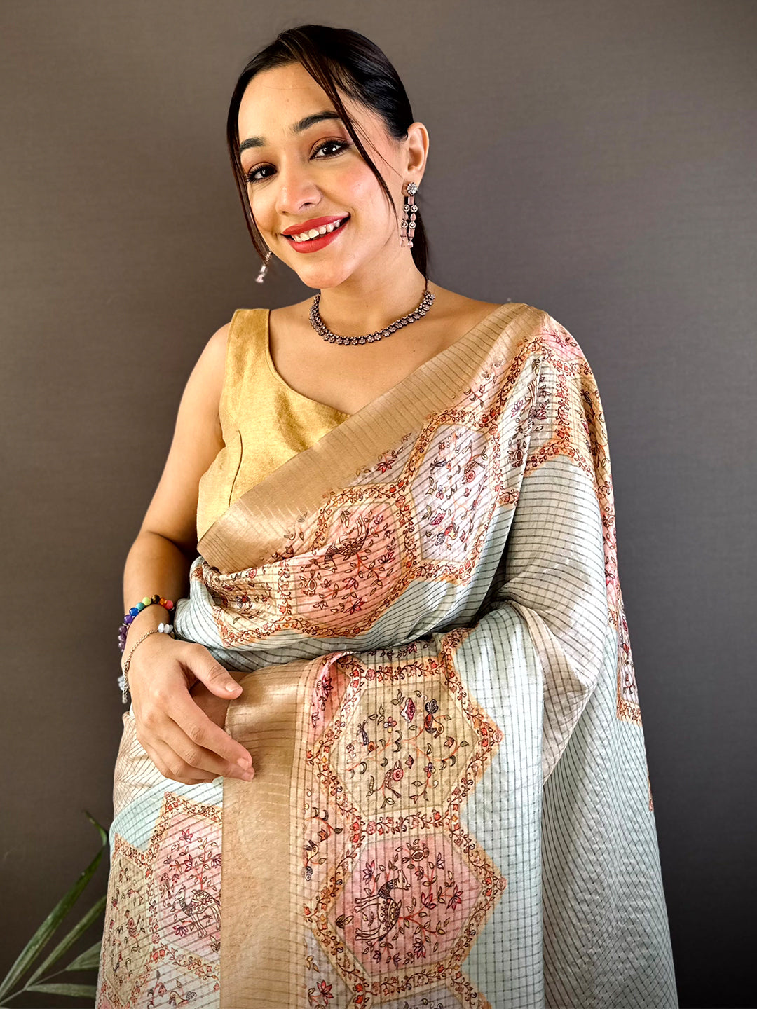 Beige Soft Silk Floral Digital Saree